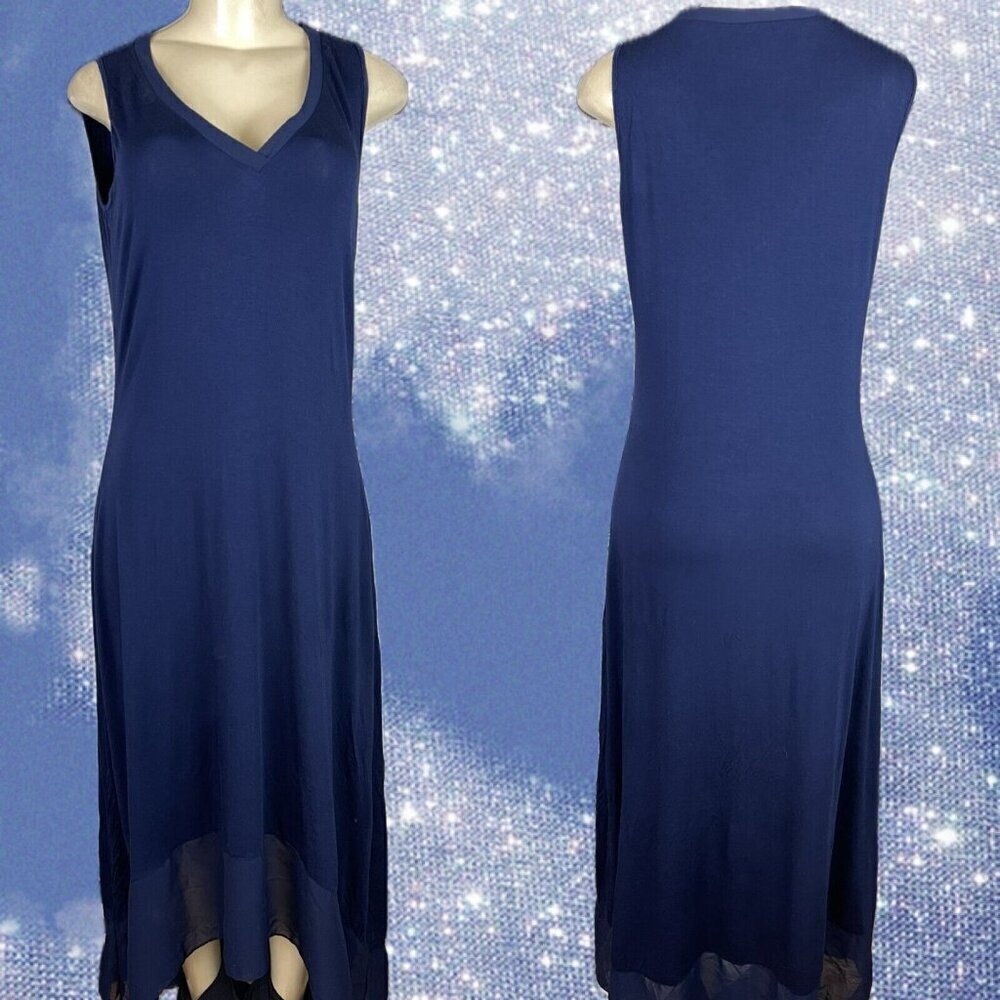 Kate & Mallory L Navy Blue V-Neckline Sheer Hi-Low Hemline Sleeveless Midi Dress